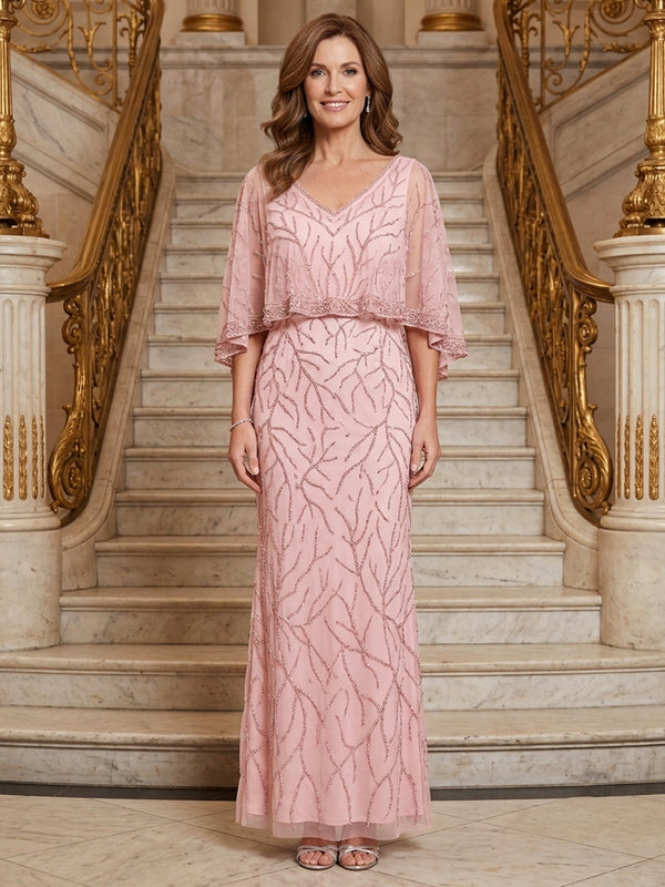 Tulle Mermaid V Neck Long Mother of the Bride Dresses with Beadings