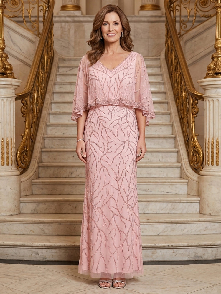 Tulle Mermaid V Neck Long Mother of the Bride Dresses with Beadings