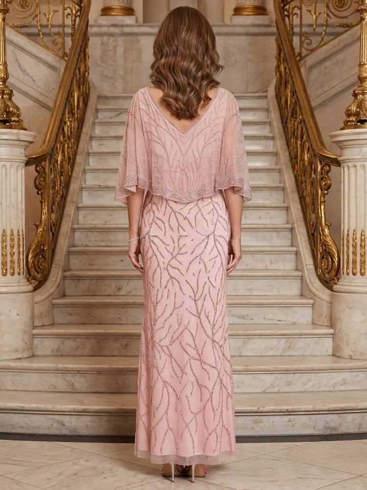 Tulle Mermaid V Neck Long Mother of the Bride Dresses with Beadings