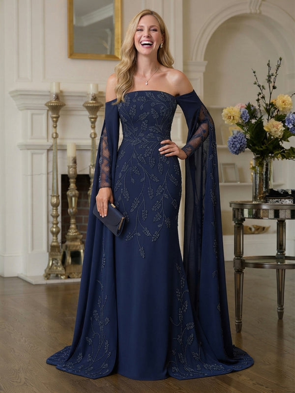 Jersey Mermaid Off the Shoulder Long Mother of the Bride Dresses with Sequin Embroidery