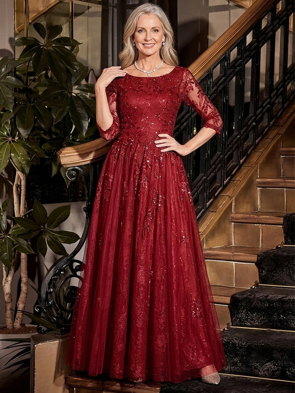 Tulle A-Line Scoop Neck Long Mother of the Bride Dresses with Sequin Embroidery