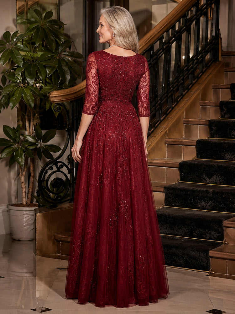 Tulle A-Line Scoop Neck Long Mother of the Bride Dresses with Sequin Embroidery