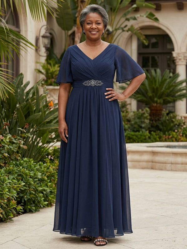 Chiffon A-Line V Neck Long Mother of the Bride Dresses with Rhinestone