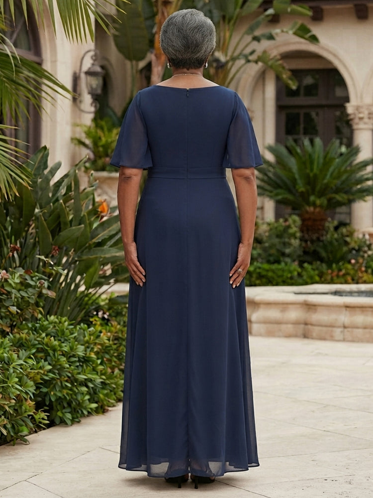 Chiffon A-Line V Neck Long Mother of the Bride Dresses with Rhinestone