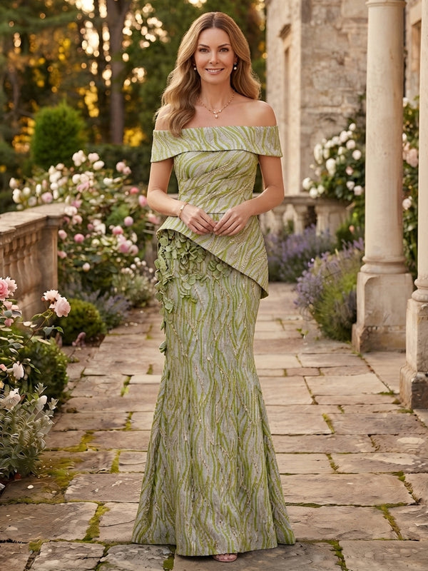 Jacquard Mermaid Off the Shoulder Long Mother of the Bride Dresses with 3D Flowers