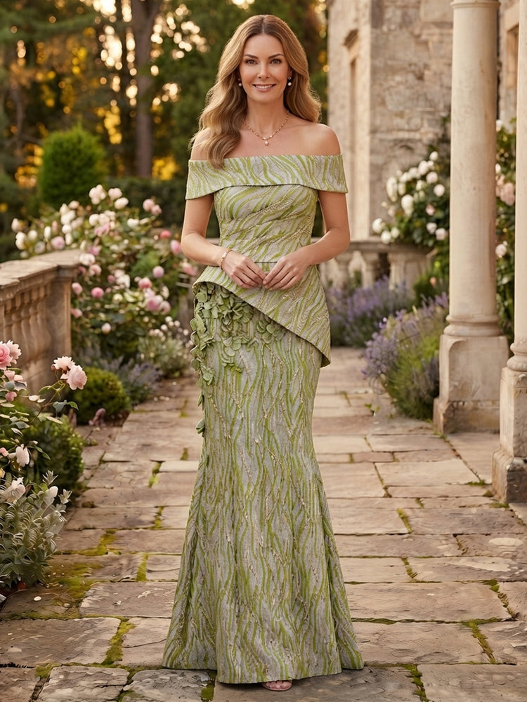 Jacquard Mermaid Off the Shoulder Long Mother of the Bride Dresses with 3D Flowers