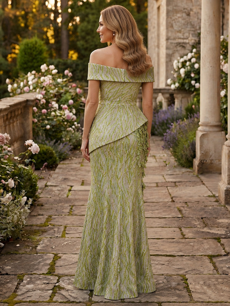 Jacquard Mermaid Off the Shoulder Long Mother of the Bride Dresses with 3D Flowers