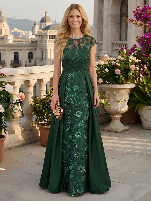 Tulle A-Line Jewel Neck Long Mother of the Bride Dresses with Sequin Embroidery
