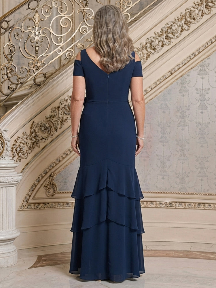 Chiffon Mermaid V Neck Long Mother of the Bride Dresses with Ruffles