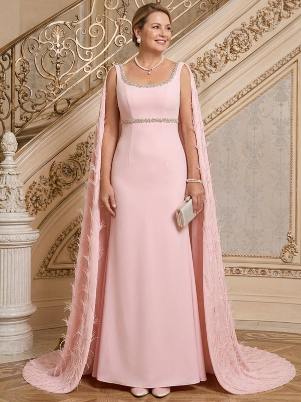 Jersey Mermaid U Neck Plus Size Mother of the Bride Dresses with Feather