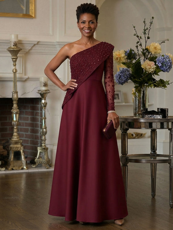 Satin A-Line One Shoulder Long Mother of the Bride Dresses with Rhinestone