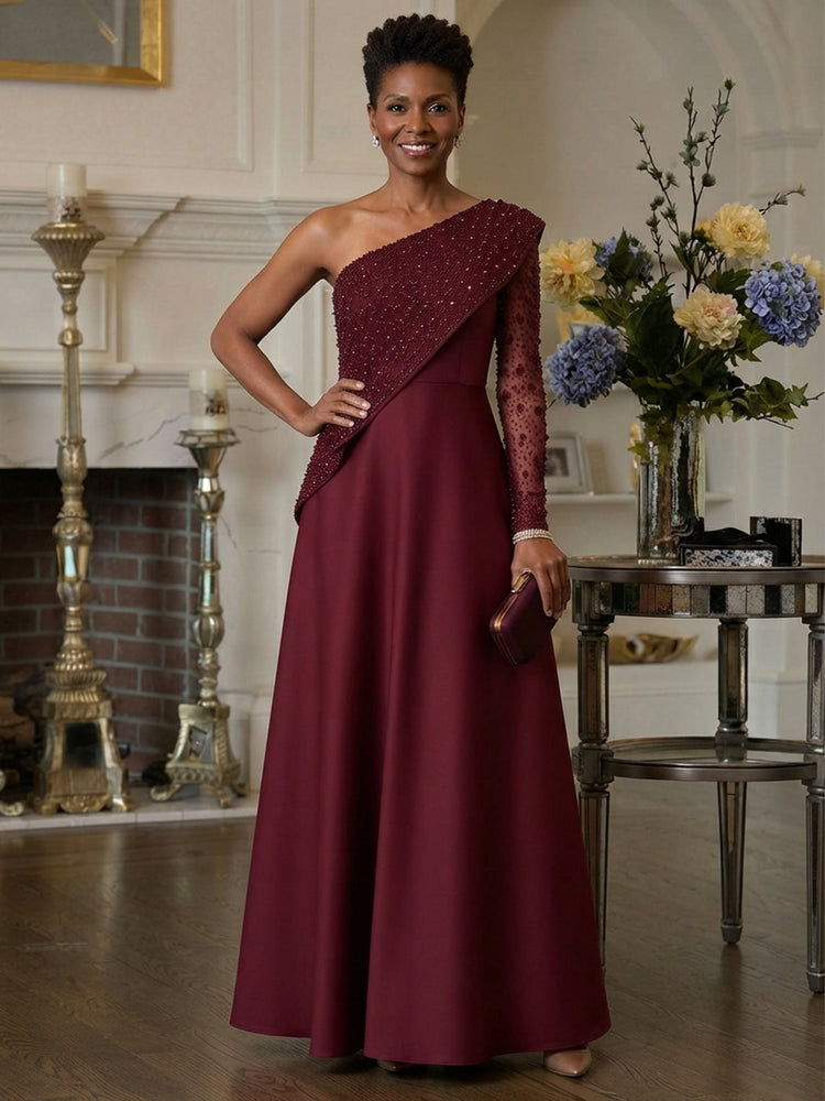 Satin A-Line One Shoulder Long Mother of the Bride Dresses with Rhinestone