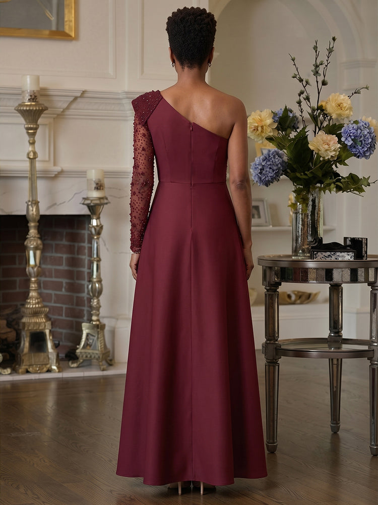 Satin A-Line One Shoulder Long Mother of the Bride Dresses with Rhinestone
