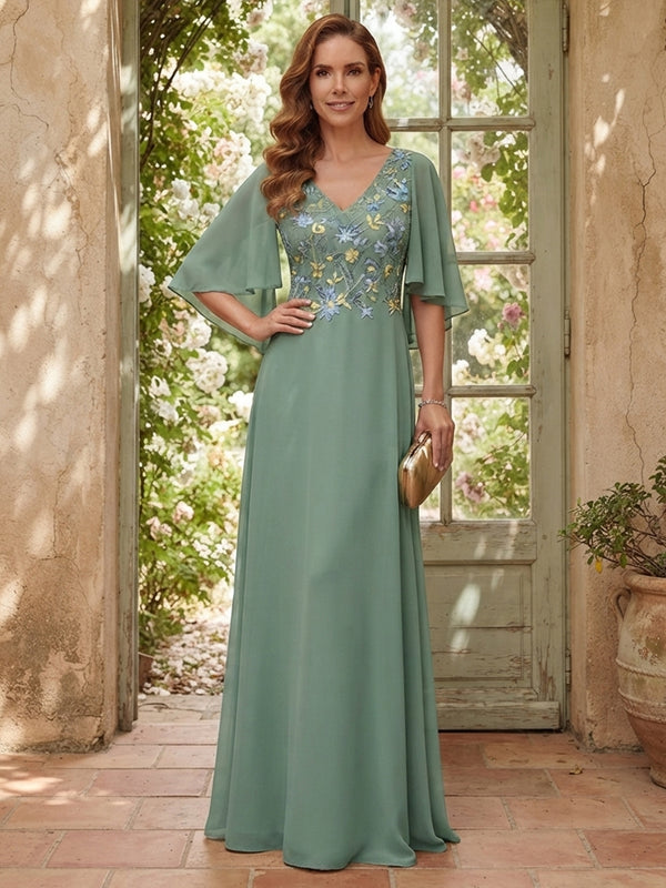 Chiffon A-Line V Neck Long Mother of the Bride Dresses with Floral Embroidery