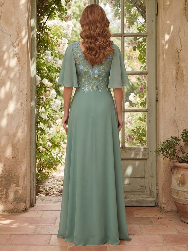 Chiffon A-Line V Neck Long Mother of the Bride Dresses with Floral Embroidery