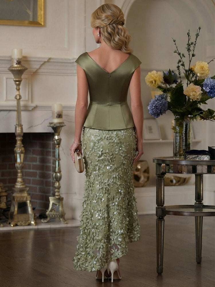 Satin Mermaid Asymmetric Neck Long Mother of the Bride Dresses with 3D Flower