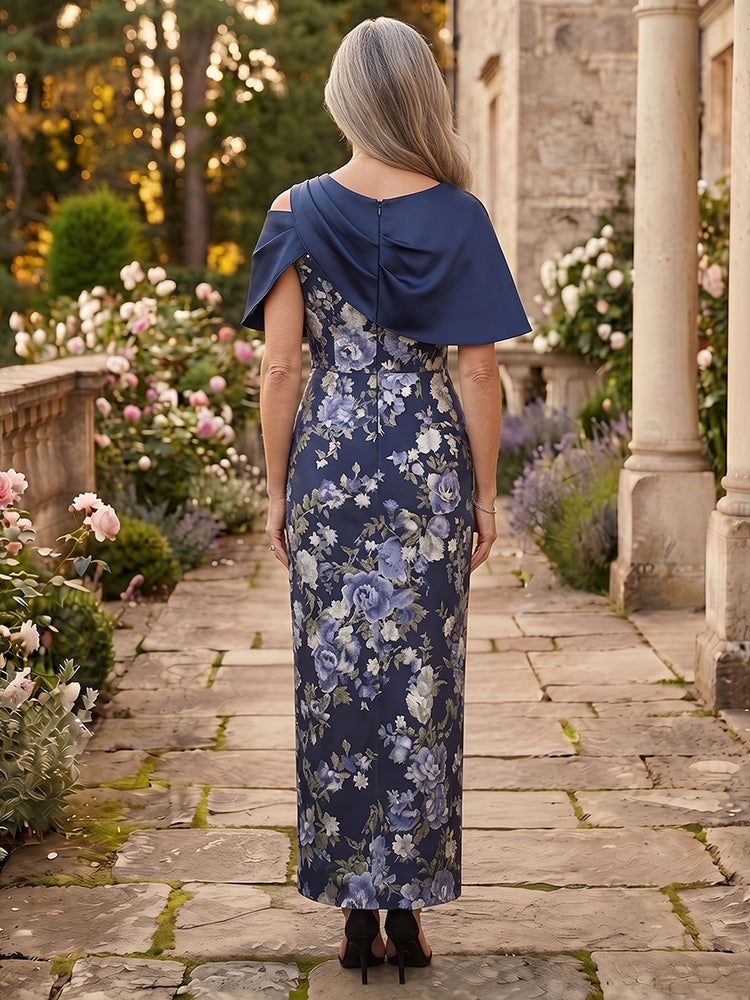 Satin Sheath Scoop Neck Long Mother of the Bride Dresses with Floral Print