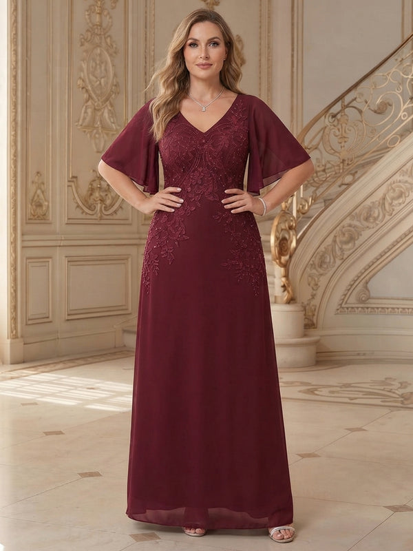 Chiffon A-Line V Neck Long Mother of the Bride Dresses with Applique