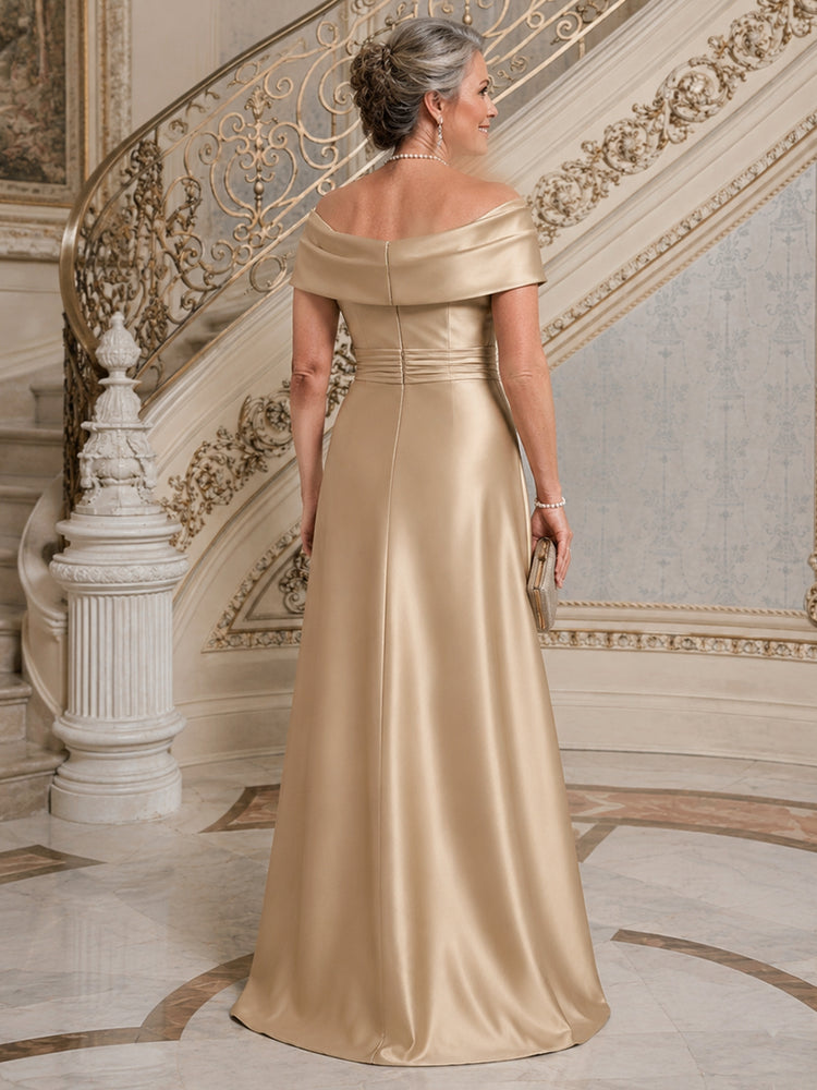 Satin A-Line Off the Shoulder Long Mother of the Bride Dresses with Ruffles