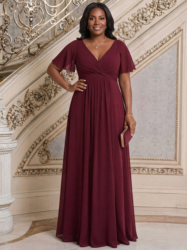 Chiffon A-Line V Neck Long Mother of the Bride Dresses with Pleats