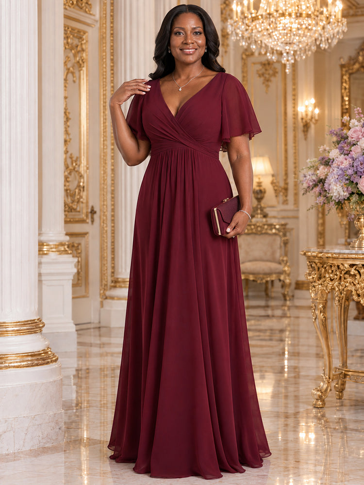 Chiffon A-Line V Neck Long Mother of the Bride Dresses with Pleats