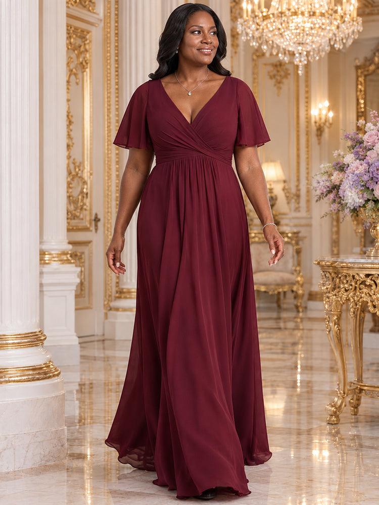 Chiffon A-Line V Neck Long Mother of the Bride Dresses with Pleats