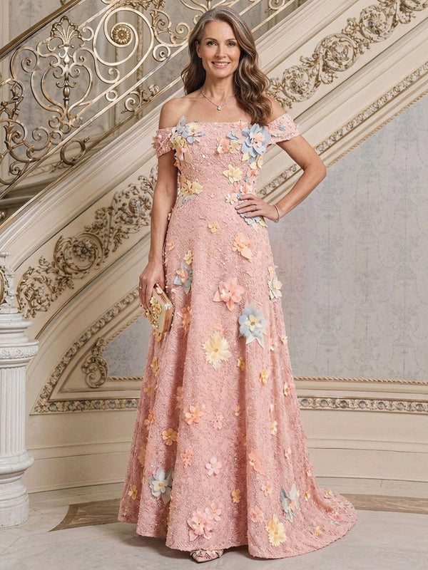 Mesh A-Line Off the Shoulder Long Mother of the Bride Dresses with 3D Flowers