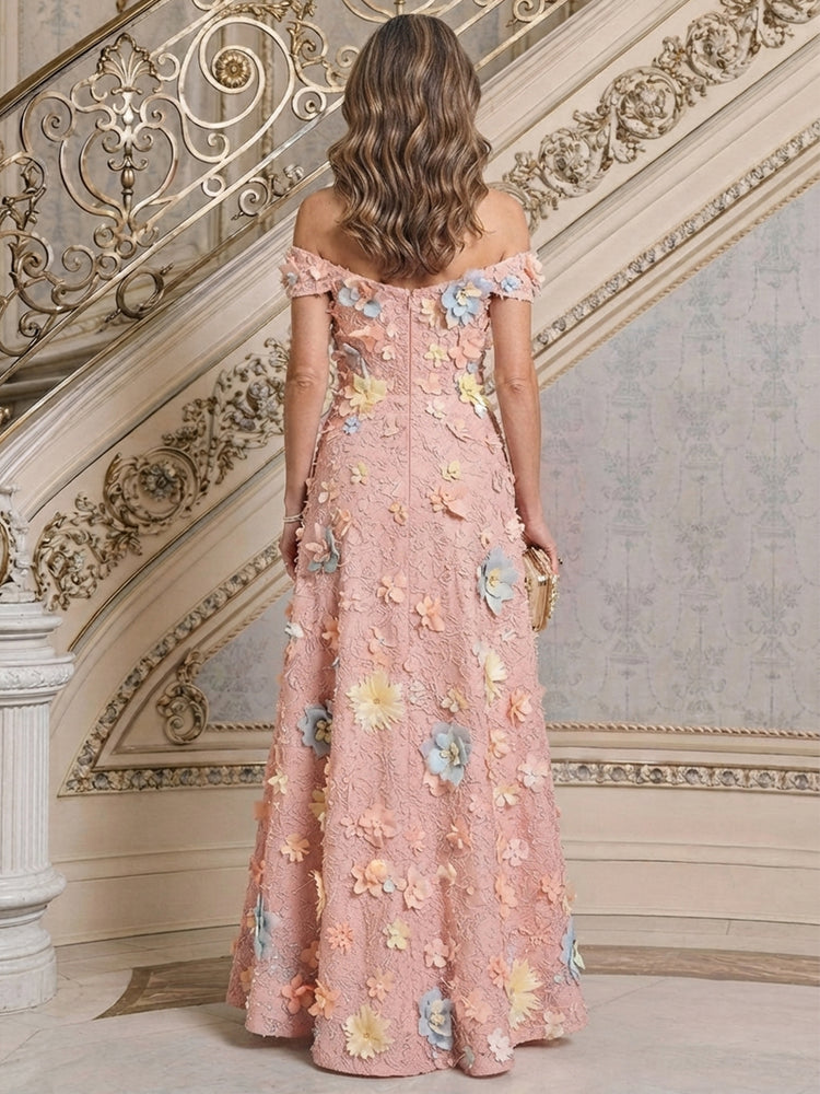 Mesh A-Line Off the Shoulder Long Mother of the Bride Dresses with 3D Flowers