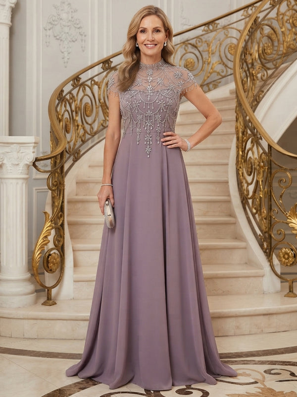 Chiffon A-Line High Neck Long Mother of the Bride Dresses with Rhinestone