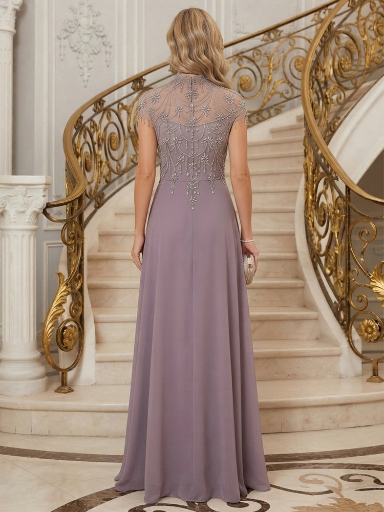 Chiffon A-Line High Neck Long Mother of the Bride Dresses with Rhinestone
