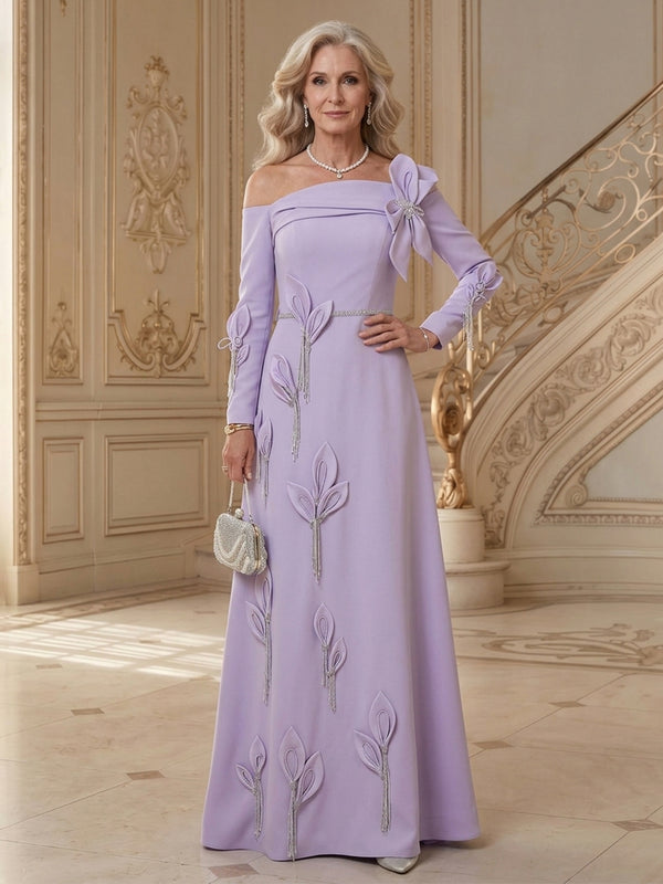 Jersey A-Line Off the Shoulder Long Mother of the Bride Dresses with 3D Flowers