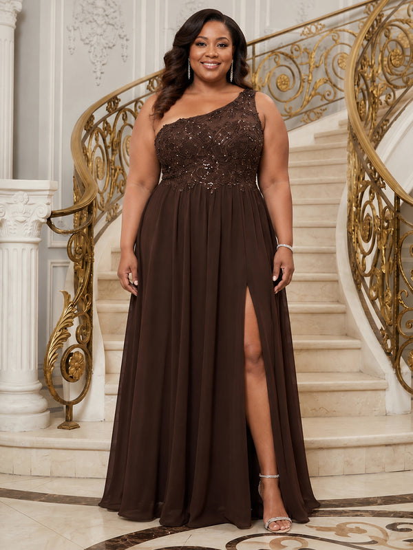 Chiffon A-Line One Shoulder Plus Size Mother of the Bride Dresses with Sequin Embroidery