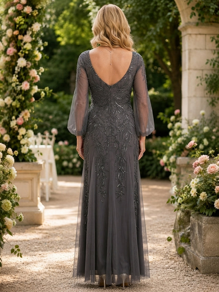 Tulle A-Line V Neck Long Mother of the Bride Dresses with Sequin Embroidery