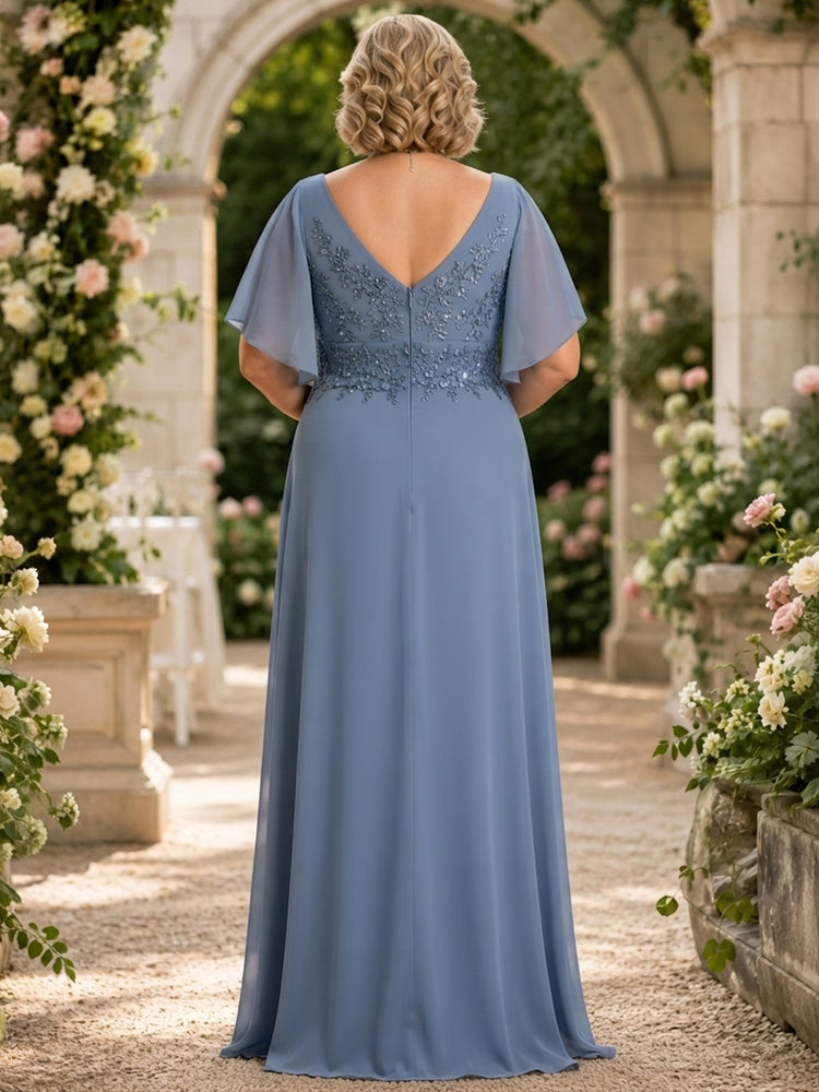 Chiffon A-Line V Neck Plus Size Mother of the Bride Dresses with Sequin