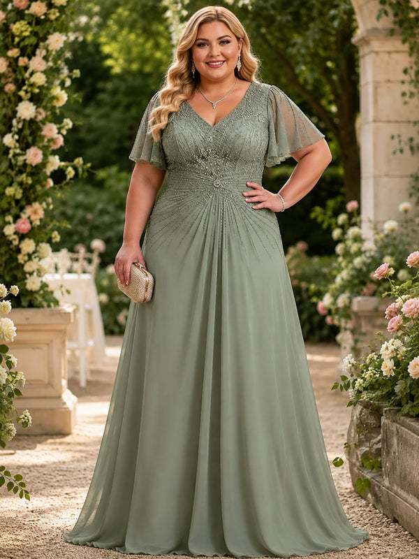 Chiffon A-Line V Neck Plus Size Mother of the Bride Dresses with Beadings