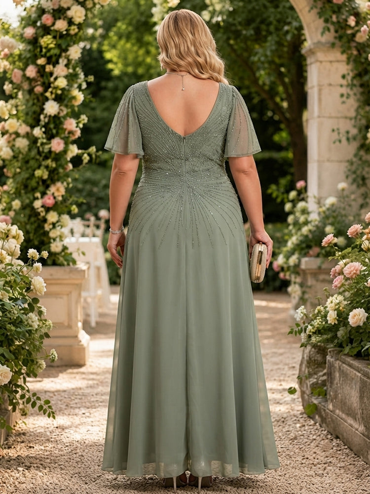Chiffon A-Line V Neck Plus Size Mother of the Bride Dresses with Beadings