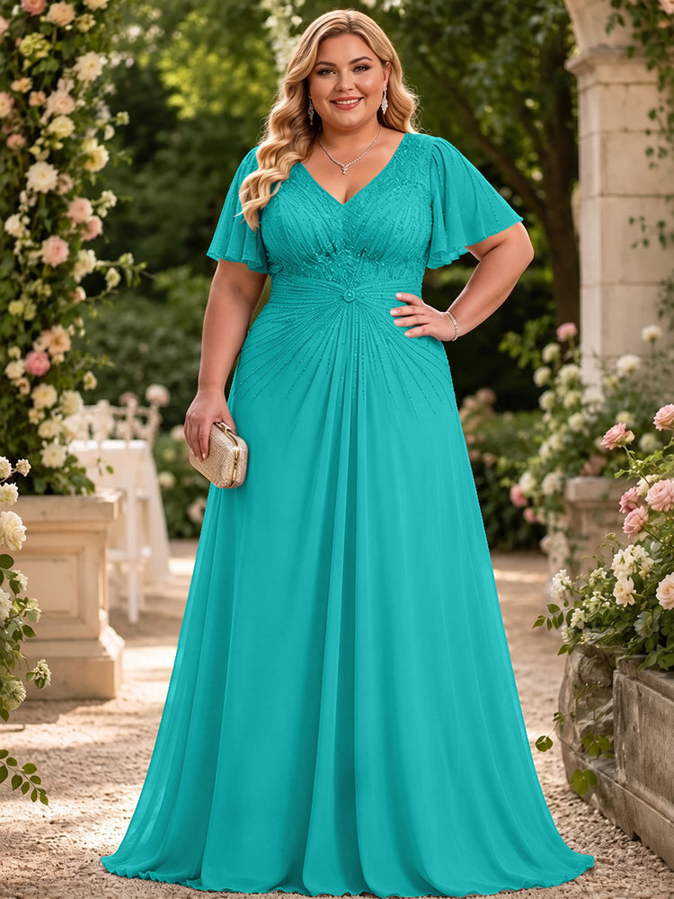 Chiffon A-Line V Neck Plus Size Mother of the Bride Dresses with Beadings