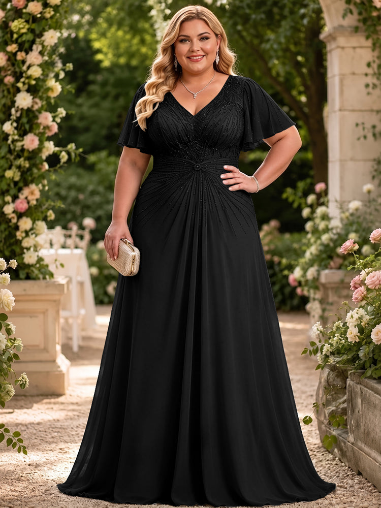 Chiffon A-Line V Neck Plus Size Mother of the Bride Dresses with Beadings