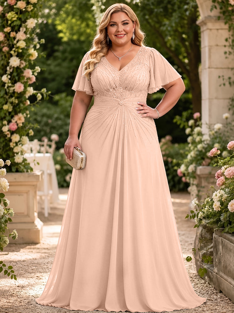 Chiffon A-Line V Neck Plus Size Mother of the Bride Dresses with Beadings
