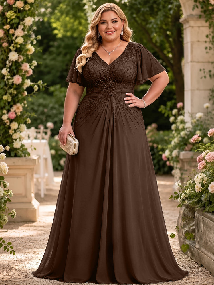 Chiffon A-Line V Neck Plus Size Mother of the Bride Dresses with Beadings
