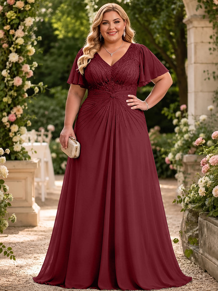 Chiffon A-Line V Neck Plus Size Mother of the Bride Dresses with Beadings