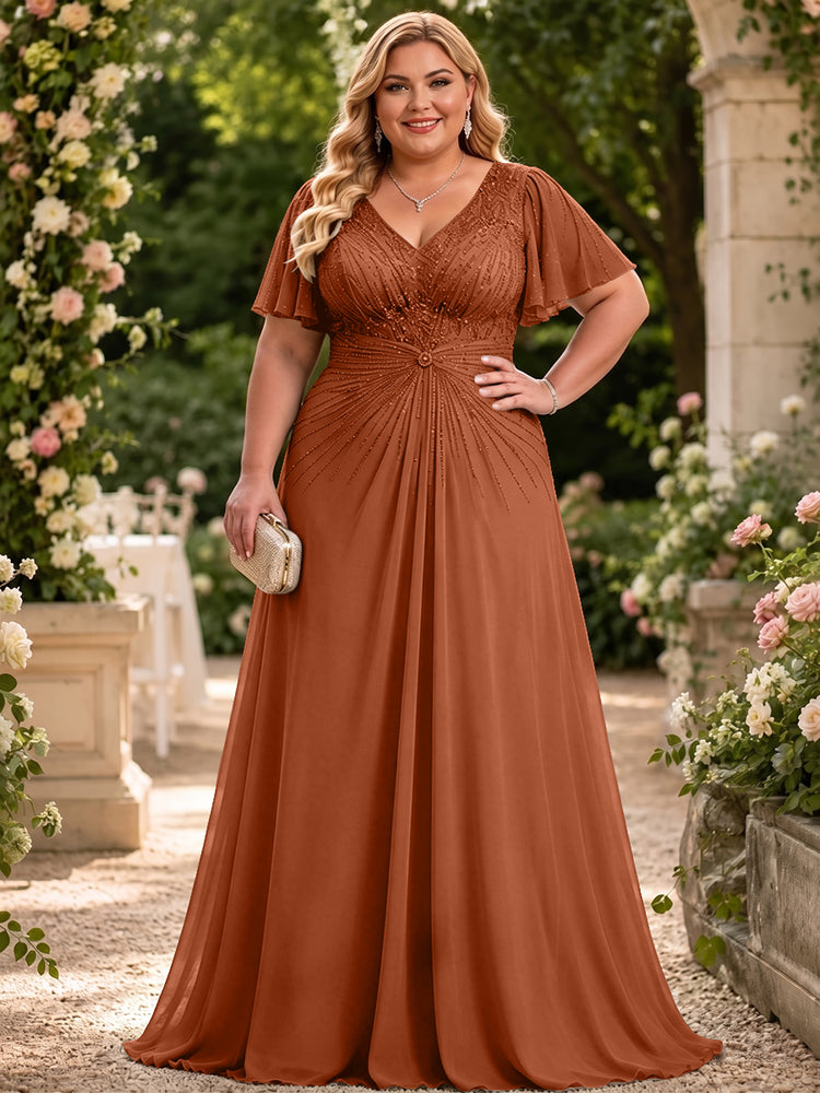 Chiffon A-Line V Neck Plus Size Mother of the Bride Dresses with Beadings