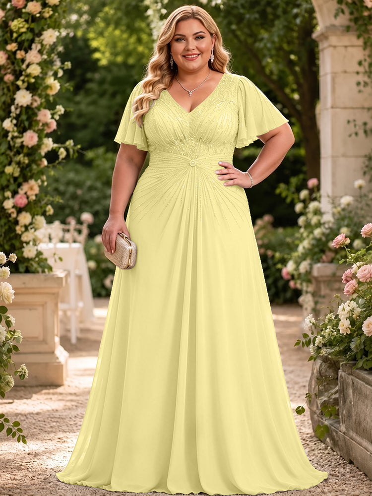 Chiffon A-Line V Neck Plus Size Mother of the Bride Dresses with Beadings