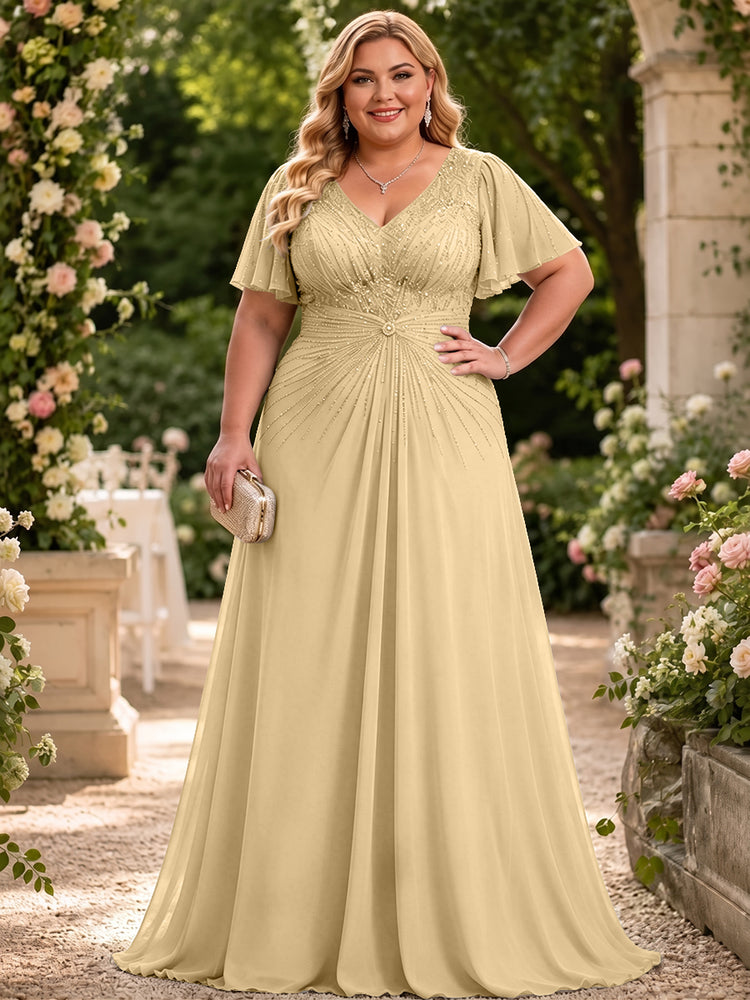 Chiffon A-Line V Neck Plus Size Mother of the Bride Dresses with Beadings