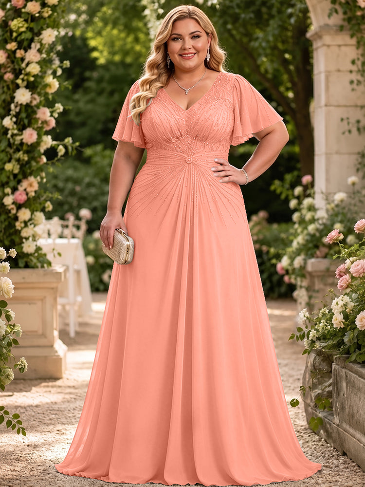 Chiffon A-Line V Neck Plus Size Mother of the Bride Dresses with Beadings