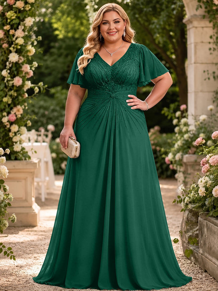 Chiffon A-Line V Neck Plus Size Mother of the Bride Dresses with Beadings