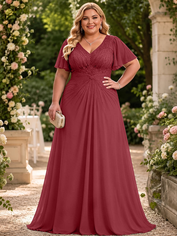Chiffon A-Line V Neck Plus Size Mother of the Bride Dresses with Beadings
