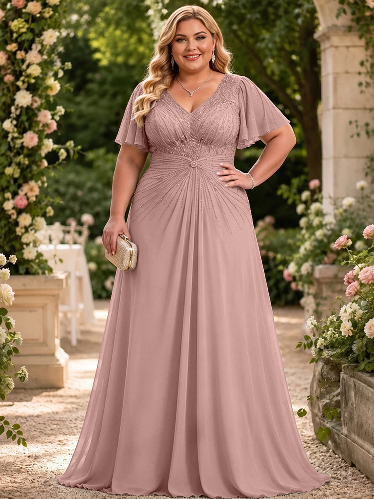 Chiffon A-Line V Neck Plus Size Mother of the Bride Dresses with Beadings