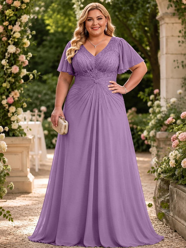 Chiffon A-Line V Neck Plus Size Mother of the Bride Dresses with Beadings