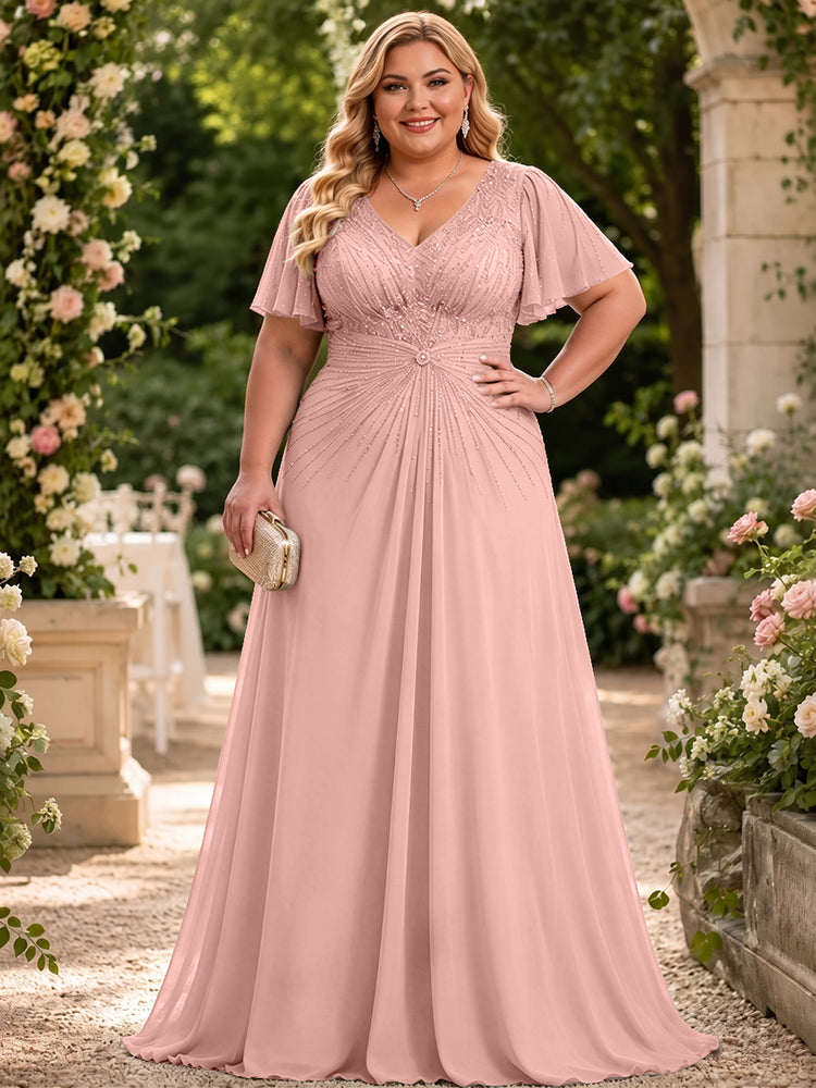 Chiffon A-Line V Neck Plus Size Mother of the Bride Dresses with Beadings